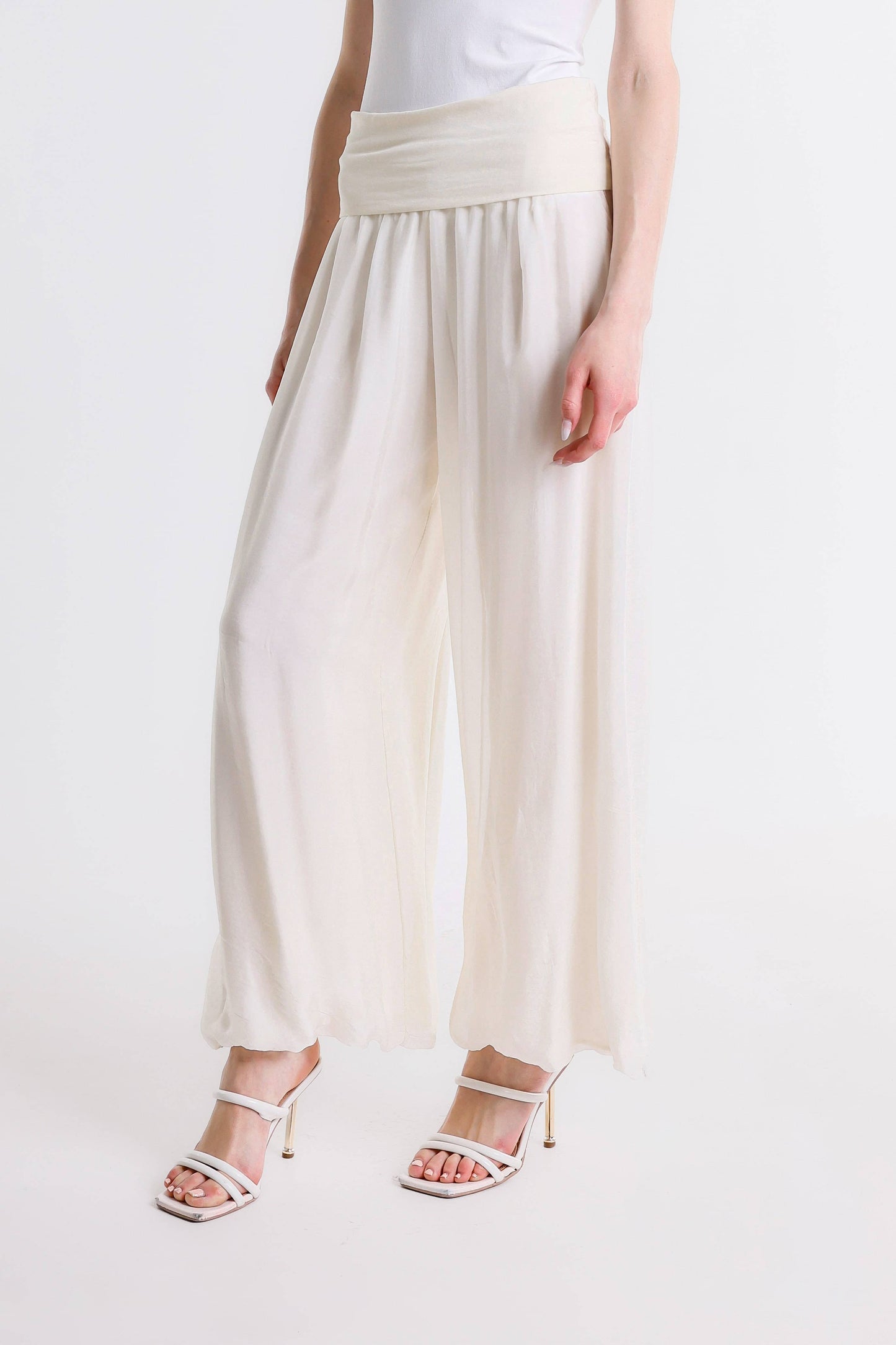 TINA Stephens Italy/Tees By Tina - Mercedes Foldover Waist Silk Pant (PL203): 040 Medium Gray / One Size