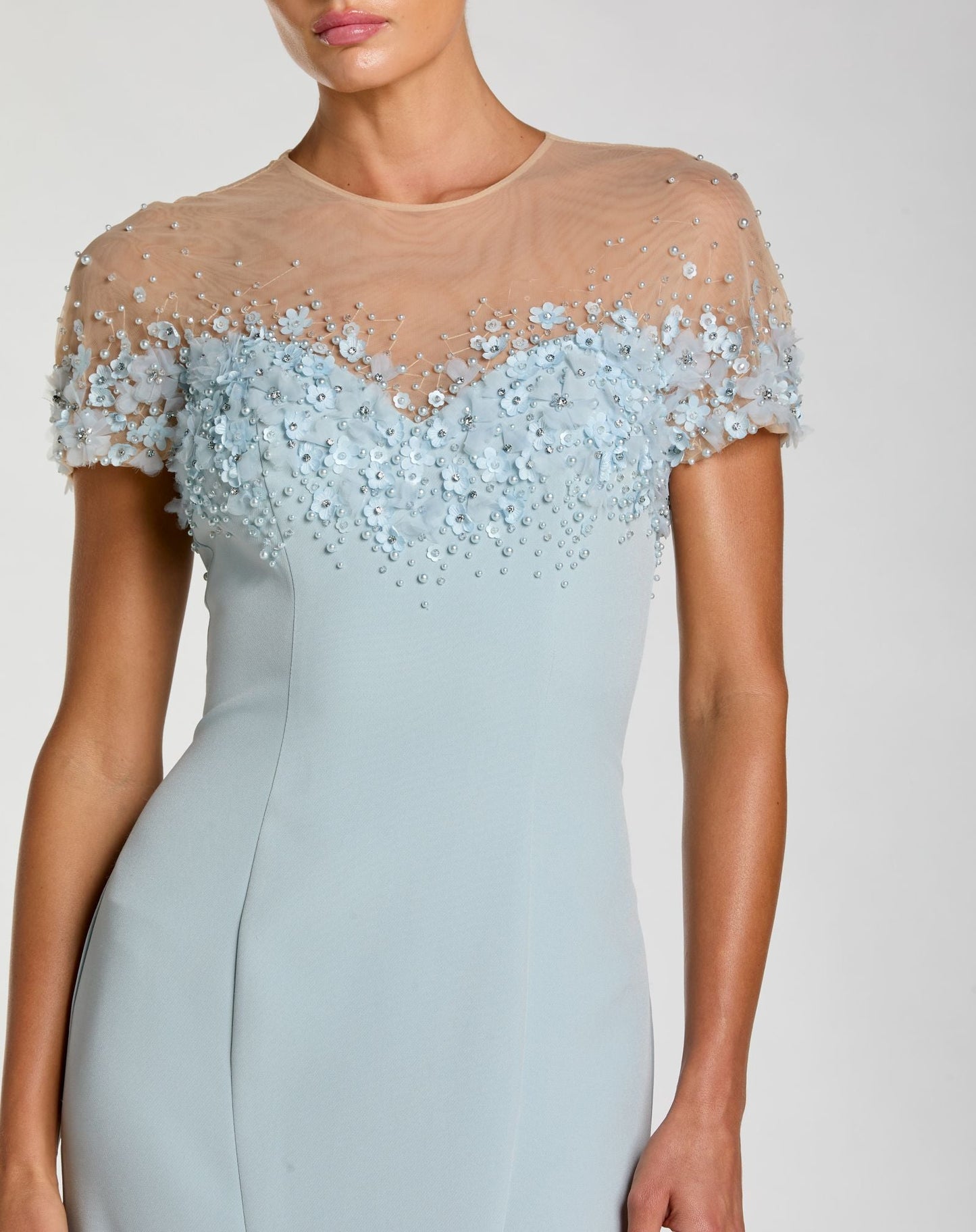 Mac Duggal Blue Crepe Mermaid Gown With Beaded Illusion Neck