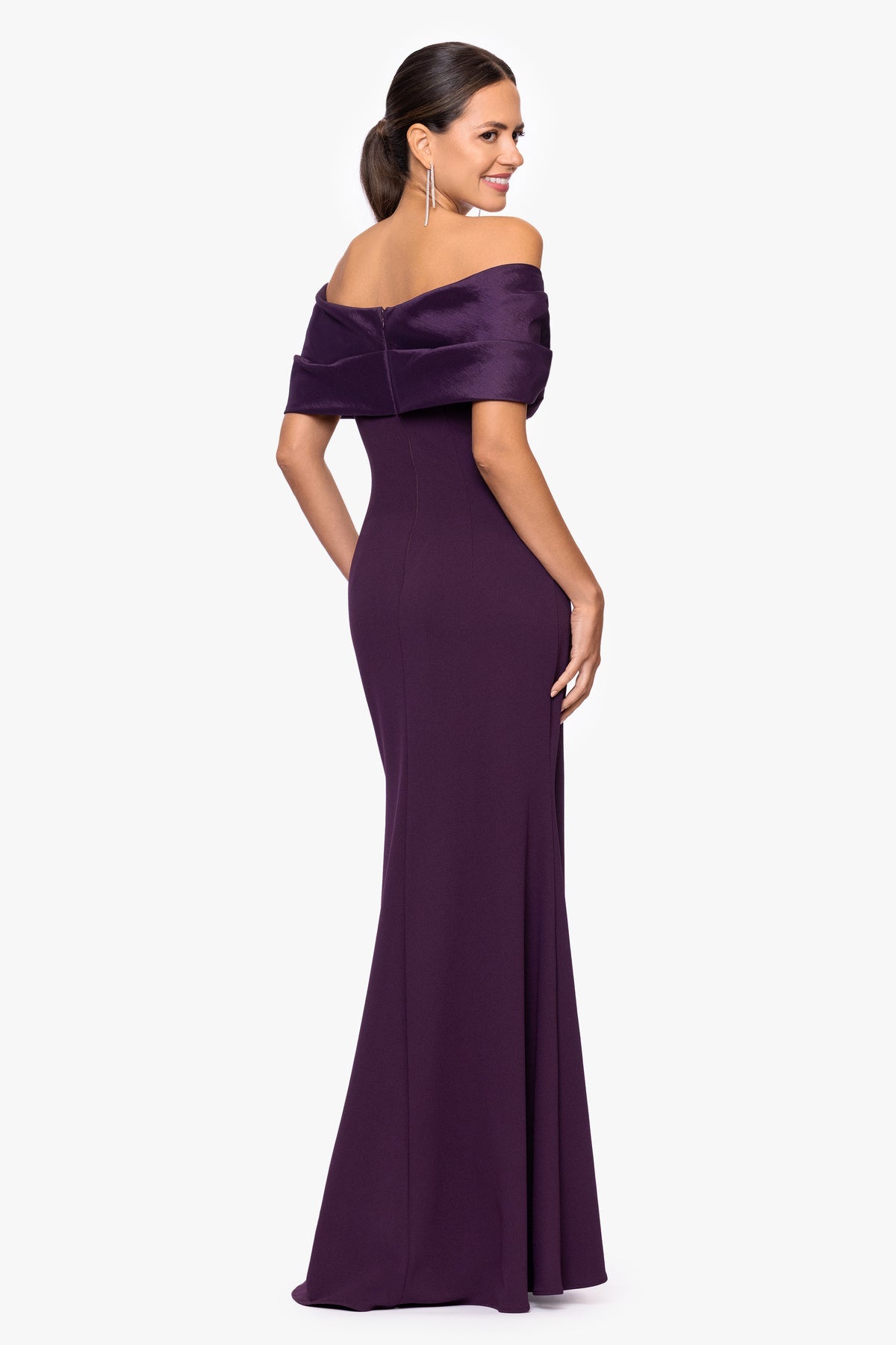 Betsy & Adam Michelle Scuba Crepe Off the Shouler Taffeta Trim Floor Length Dress