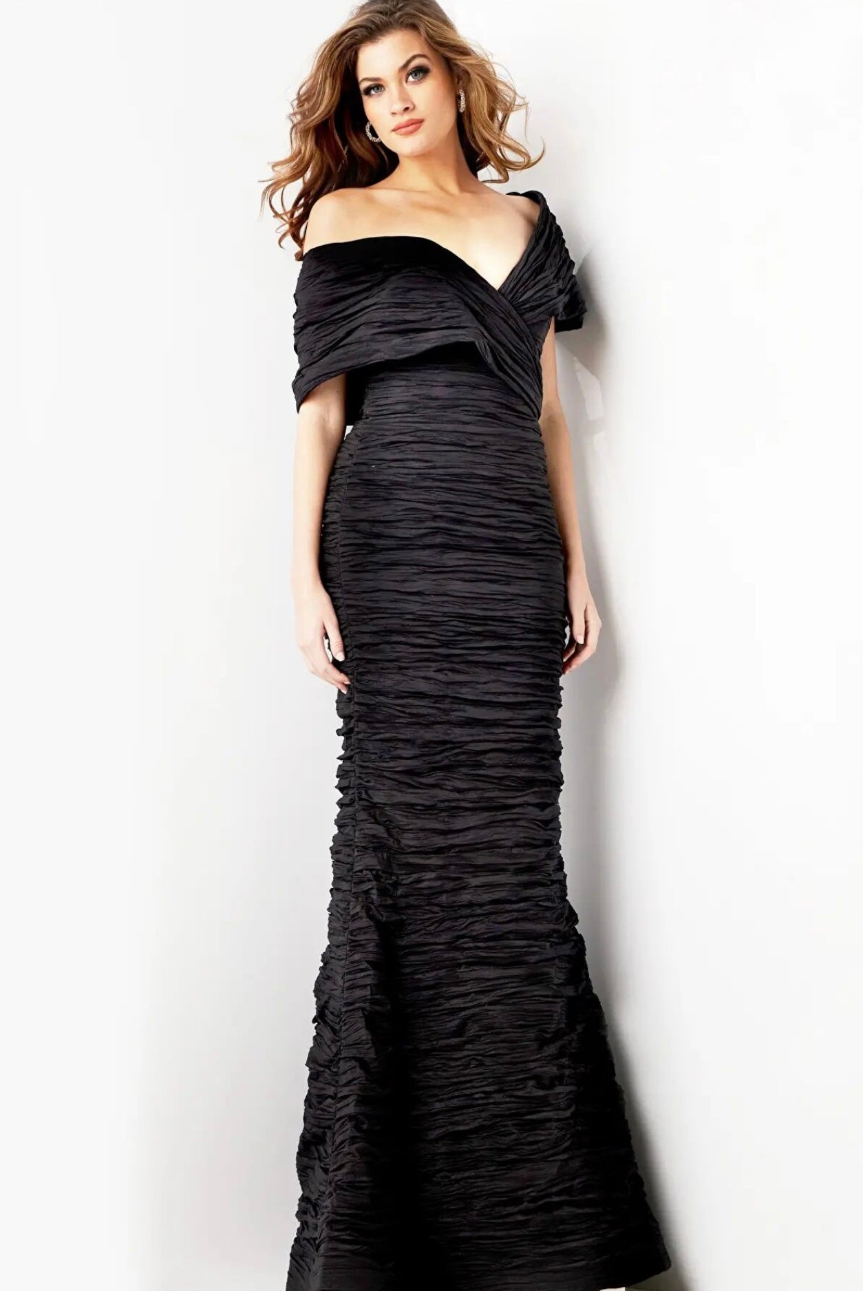 Jovani Black Off the Shoulder Sheath Crinkle Gown