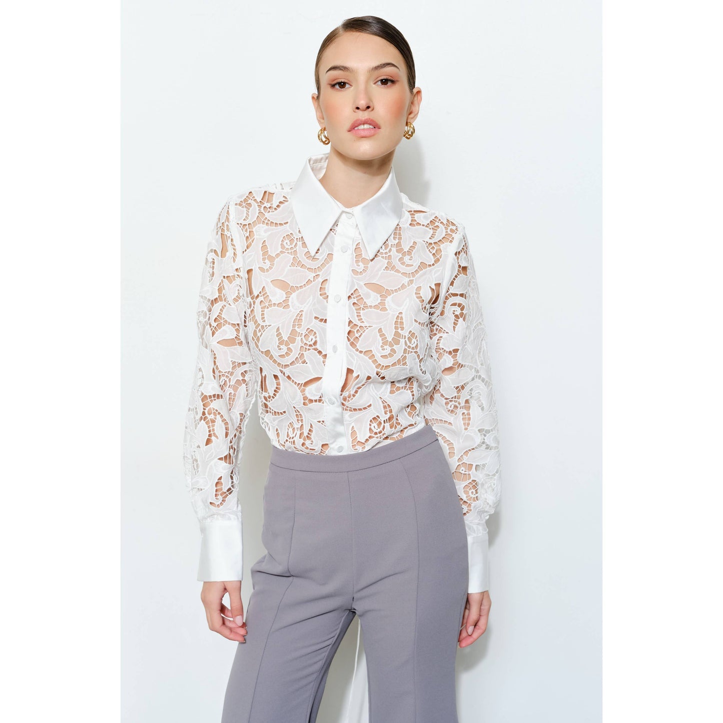 INA - Luxe Satin Contrast Collar Lace Button Down Blouse