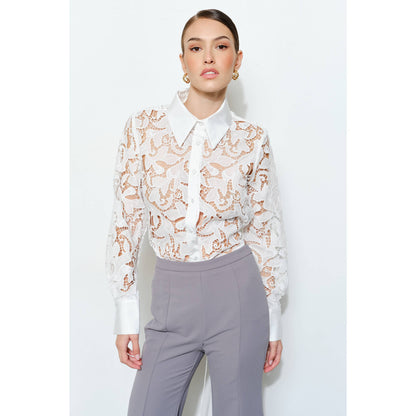 INA - Luxe Satin Contrast Collar Lace Button Down Blouse