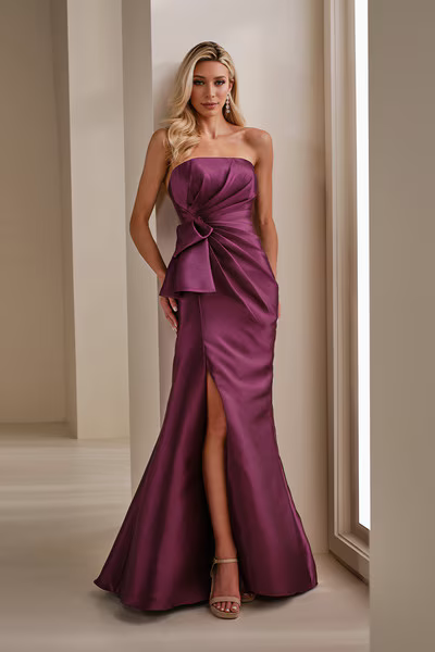 Cameron Blake Ruched Strapless Mermaid Gown with Slit