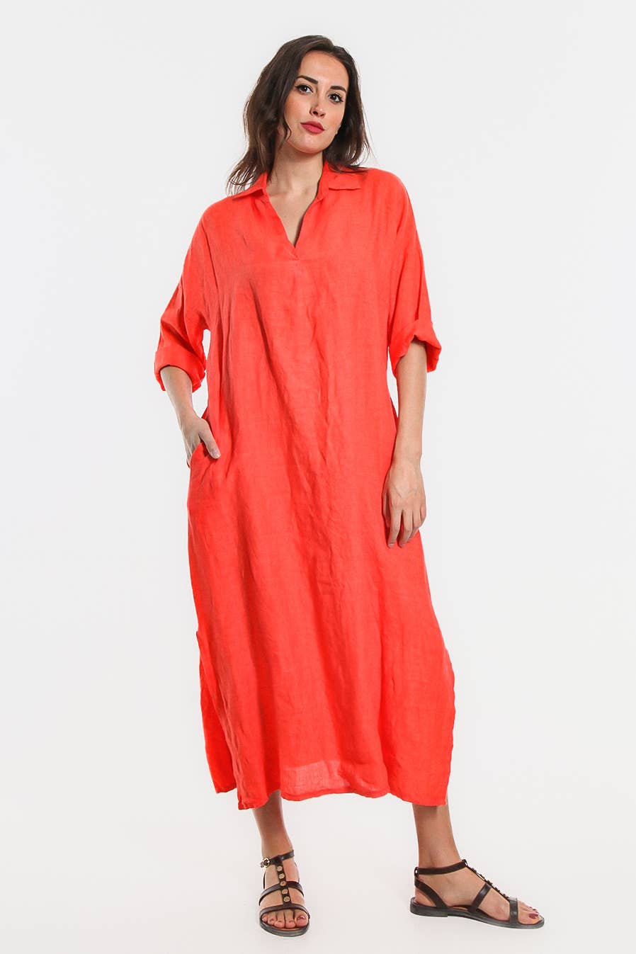 TINA Stephens Italy/Tees By Tina - Fernanda Open Collar Linen Dress (DQ107)