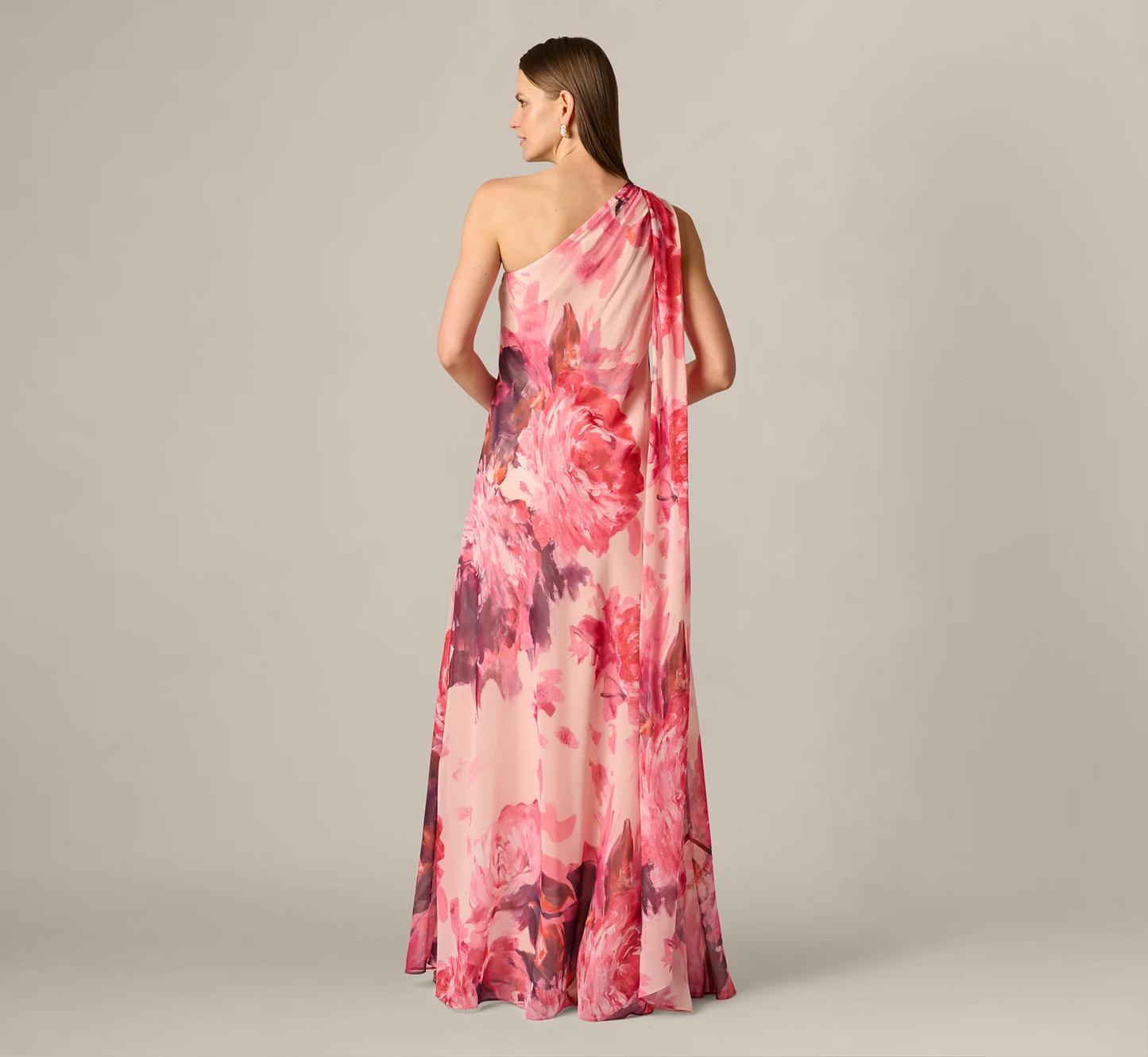 Adrianna Papell One Shoulder Peony Floral Chiffon Scarf Gown In Pink Multi