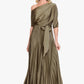 Betsy & Adam LEAH" PLEATED HAMMERED SATIN OFF THE SHOULDER BELTED DRESS