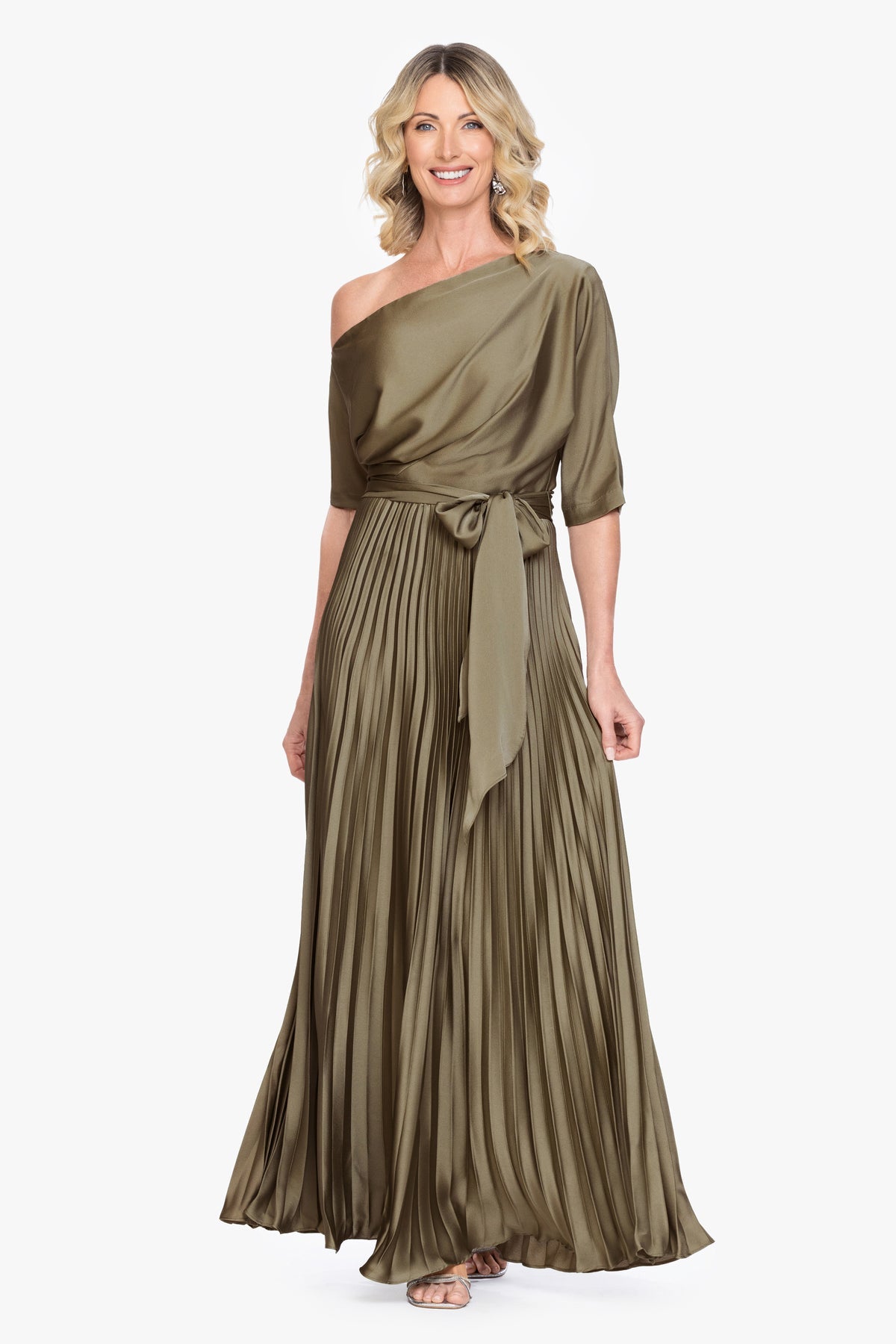 Betsy & Adam LEAH" PLEATED HAMMERED SATIN OFF THE SHOULDER BELTED DRESS