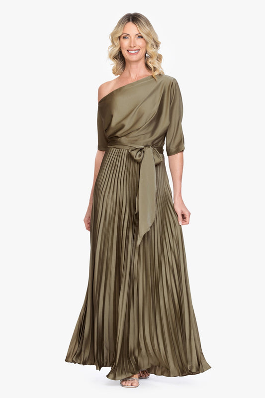 Betsy & Adam LEAH" PLEATED HAMMERED SATIN OFF THE SHOULDER BELTED DRESS