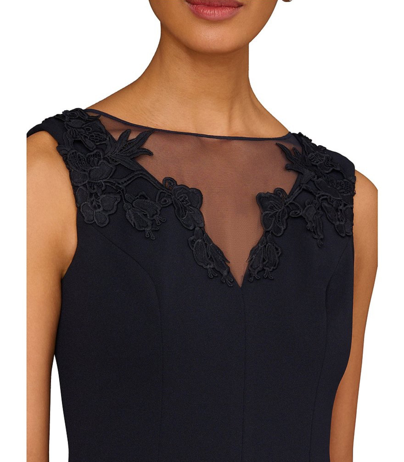 Adian Mattox Stretch V-Neck Cap Sleeve Flounce Floral Mesh Insert Sheath Dress