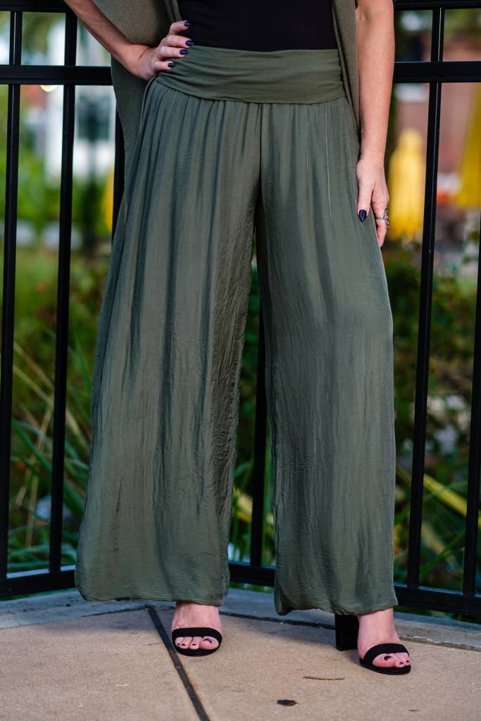 TINA Stephens Italy/Tees By Tina - Mercedes Foldover Waist Silk Pant (PL203): 316 Olive / One Size