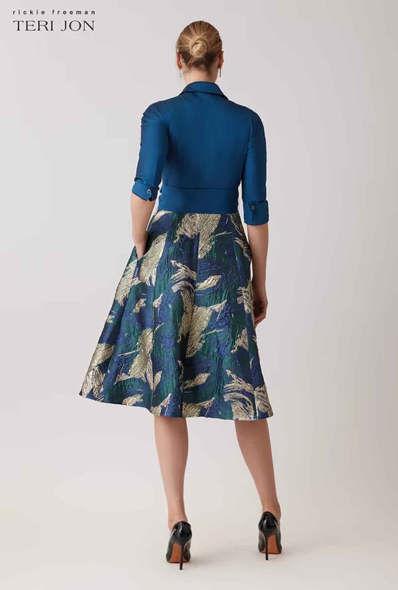Teri Jon Taffeta Shirt Dress With Metallic Jacquard Skirt