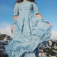 Mac Duggal Blue High Neck Ruffle Tiered A-Line Midi Dress