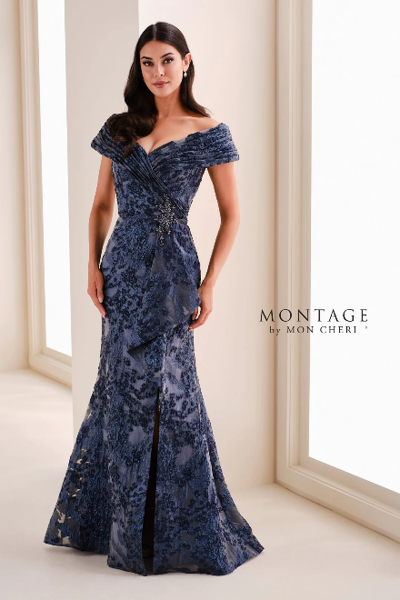 Montage off Shoulder Organza Chiffon Gown with Train