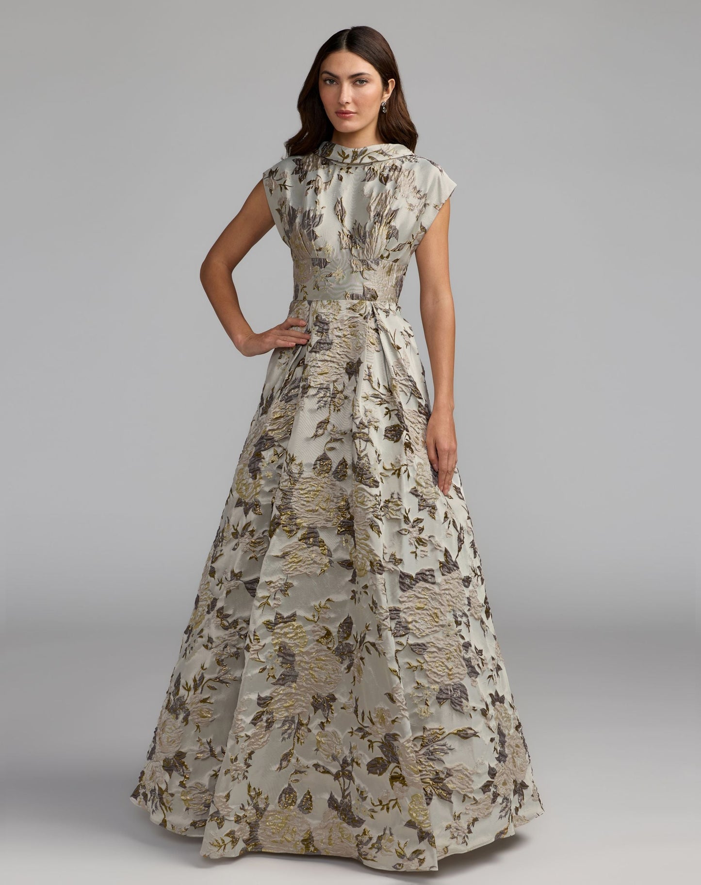 Mac Duggal Silver Floral Brocade Cap Sleeve Ball Gown