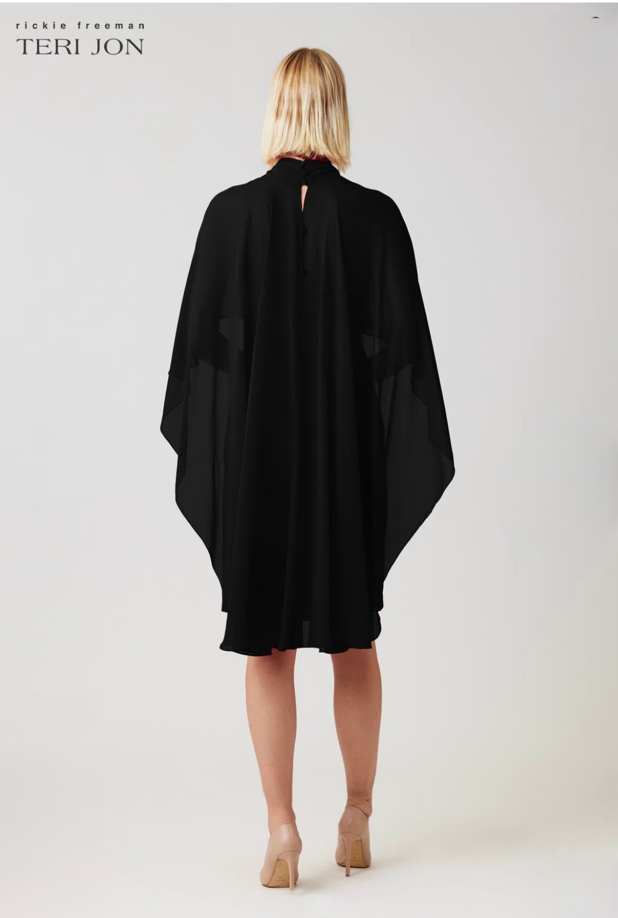 Teri Jon Crepe Slip Dress Chiffon Tie Neck Cape
