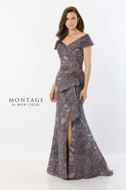 Montage off Shoulder Organza Chiffon Gown with Train