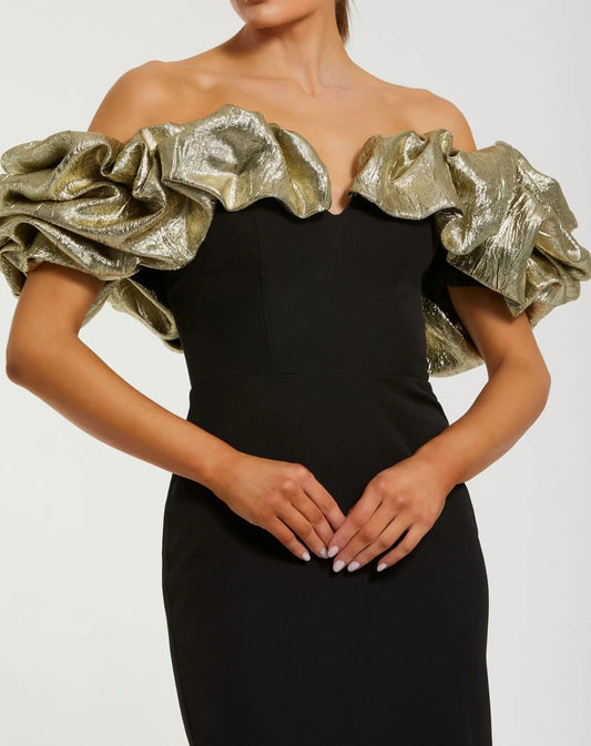 Ieena for Mac Duggal Black Mermaid Gown With Off The Shoulder Ruffle Detail