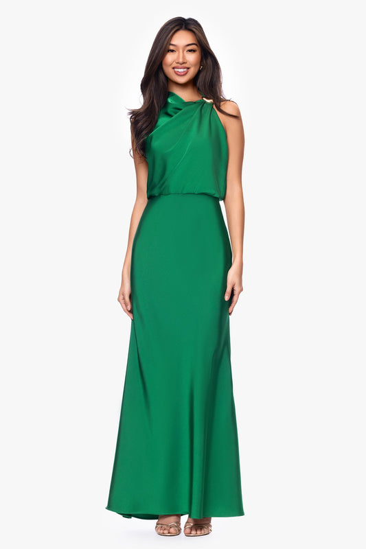 Betsy & Adam COLETTE SATIN ROUCHED TRIM FLOOR LENGTH DRESS