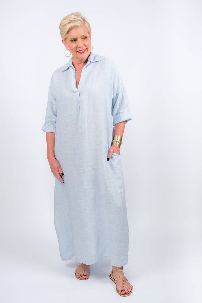 TINA Stephens Italy/Tees By Tina - Fernanda Open Collar Linen Dress (DQ107)