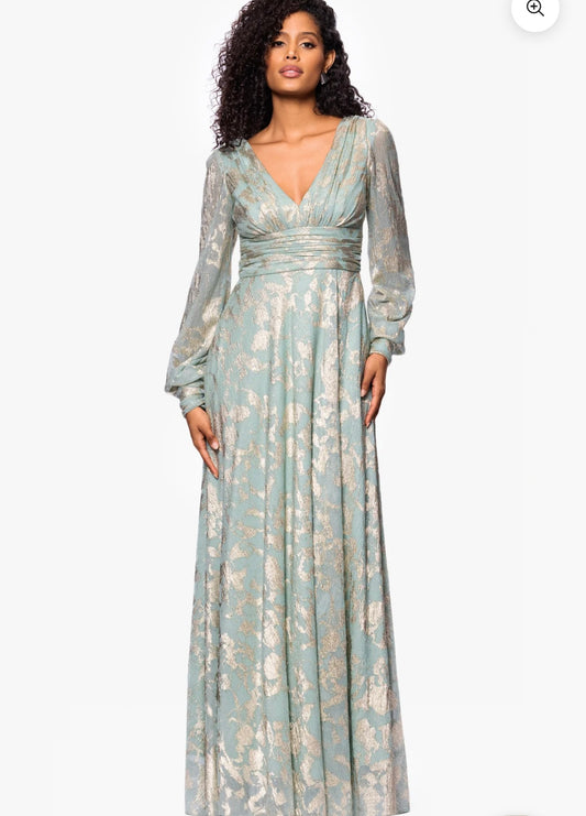 Betsy & Adam Melanie Foil Knit V-Neck Long Sleeve Floor Length Dress