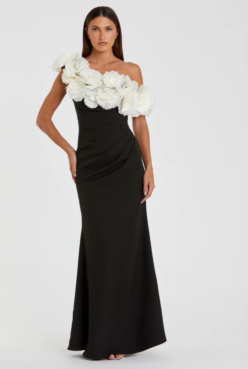 Mac Duggal Black and White Jersey Gown With 3D Flower Off The Shoulder Detail