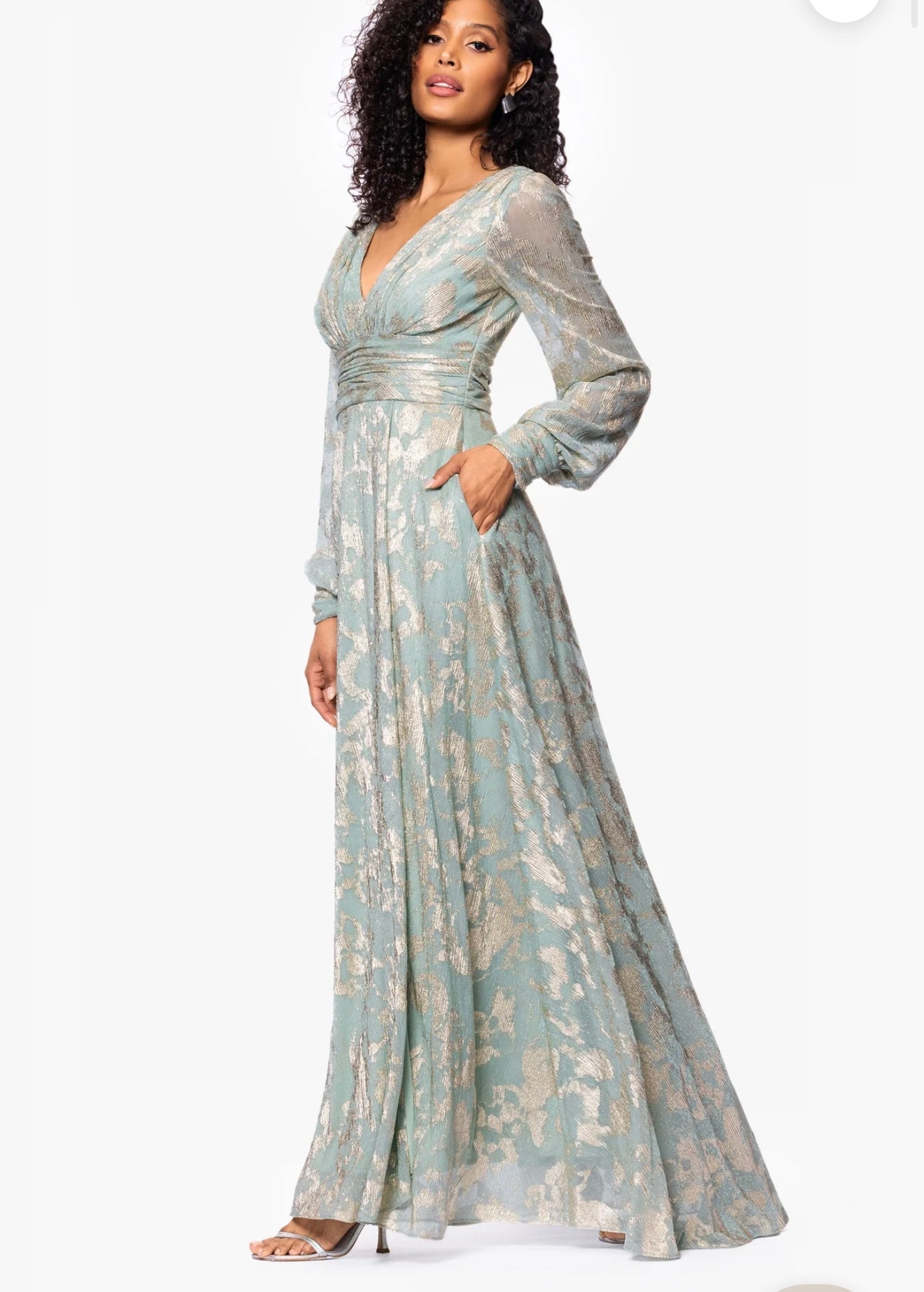 Betsy & Adam Melanie Foil Knit V-Neck Long Sleeve Floor Length Dress