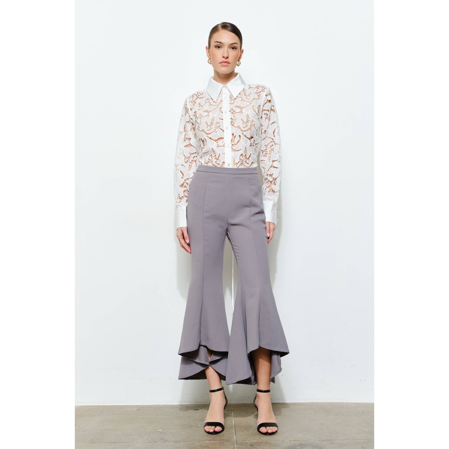 INA - Luxe Satin Contrast Collar Lace Button Down Blouse