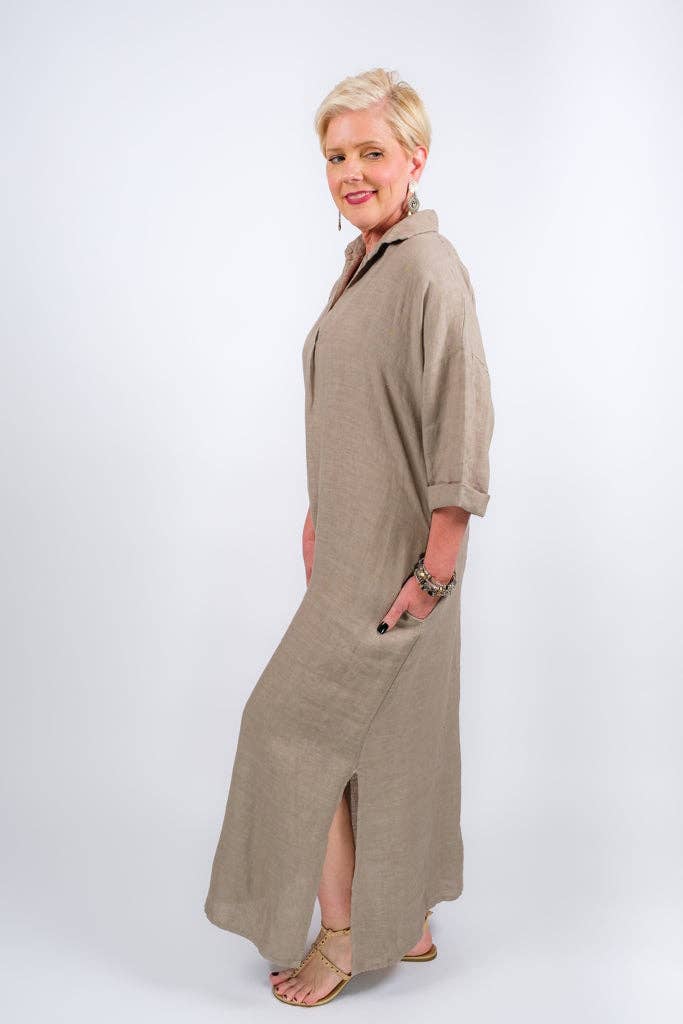TINA Stephens Italy/Tees By Tina - Fernanda Open Collar Linen Dress (DQ107)