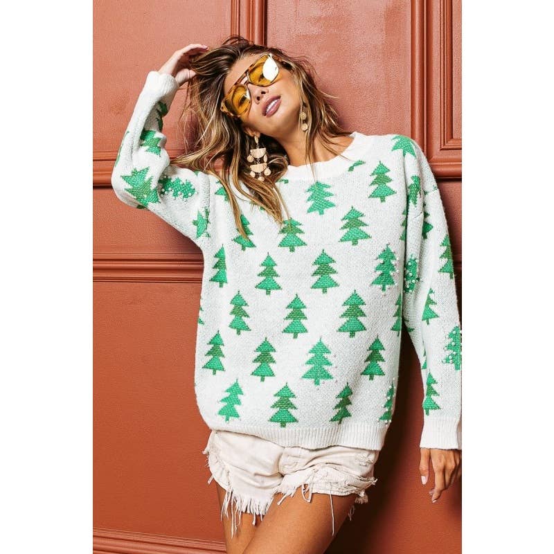Bibi Pearl Beads Tree Pattern Christmas Sweater