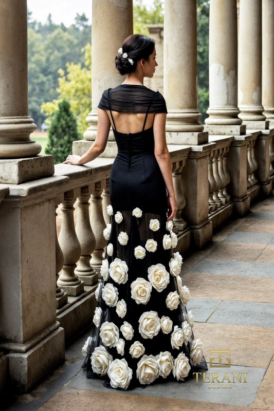 Terani Couture Square Neck Matte Satin Sheath Gown with Cap Sleeves