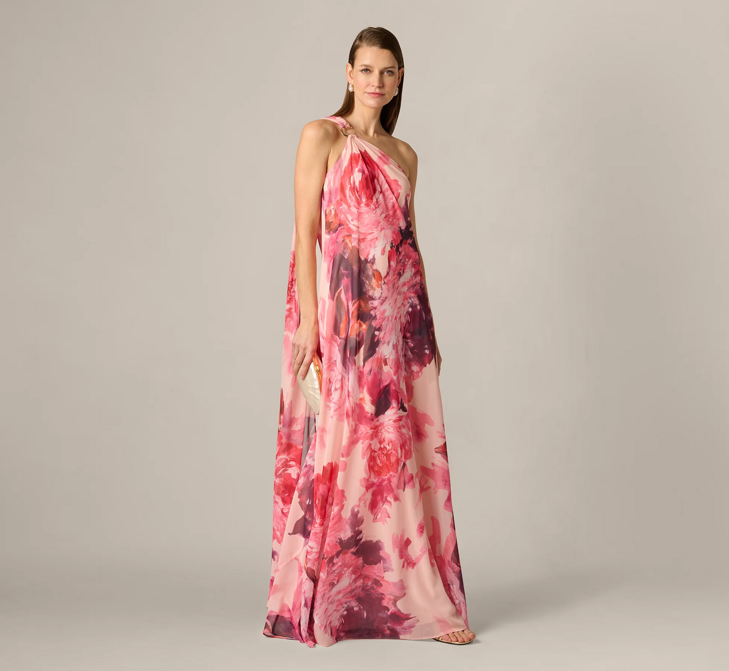 Adrianna Papell One Shoulder Peony Floral Chiffon Scarf Gown In Pink Multi