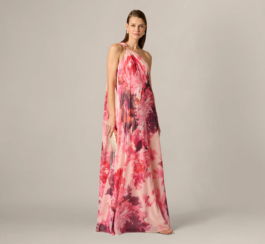 Adrianna Papell One Shoulder Peony Floral Chiffon Scarf Gown In Pink Multi