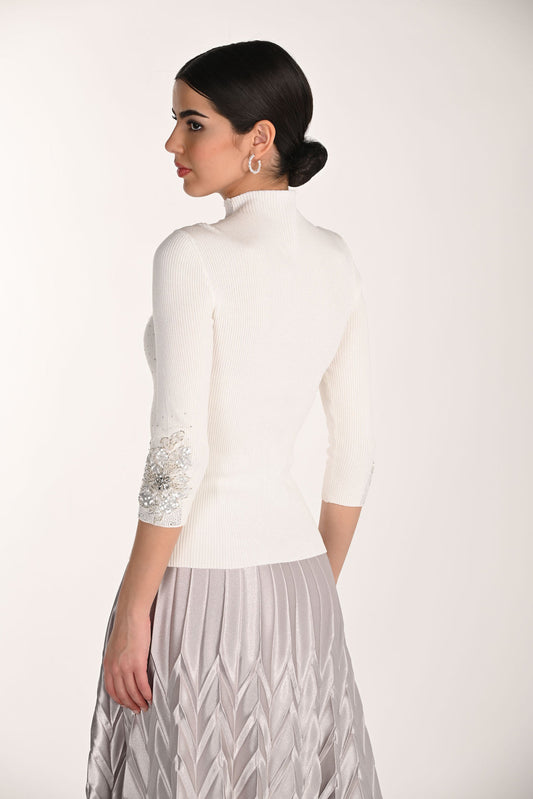 Frank Lyman Ribbed Sweater Knit Top with Floral Embroidery