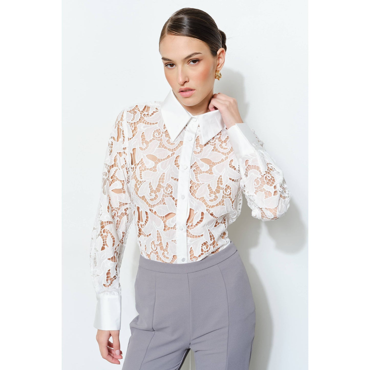 INA - Luxe Satin Contrast Collar Lace Button Down Blouse