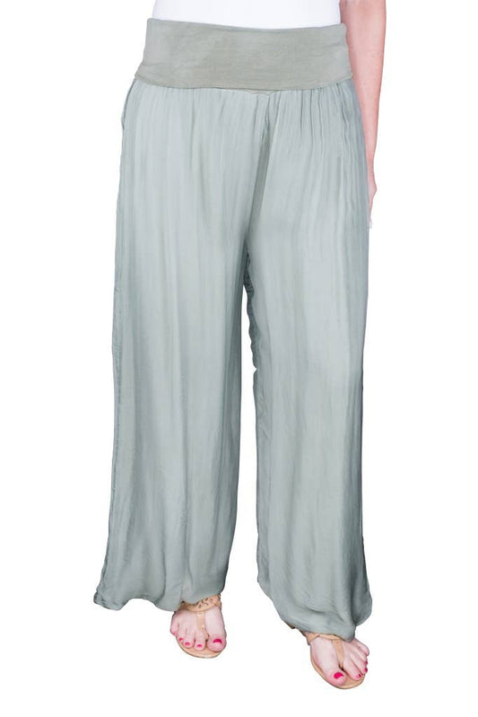 TINA Stephens Italy/Tees By Tina - Mercedes Foldover Waist Silk Pant (PL203): 316 Olive / One Size