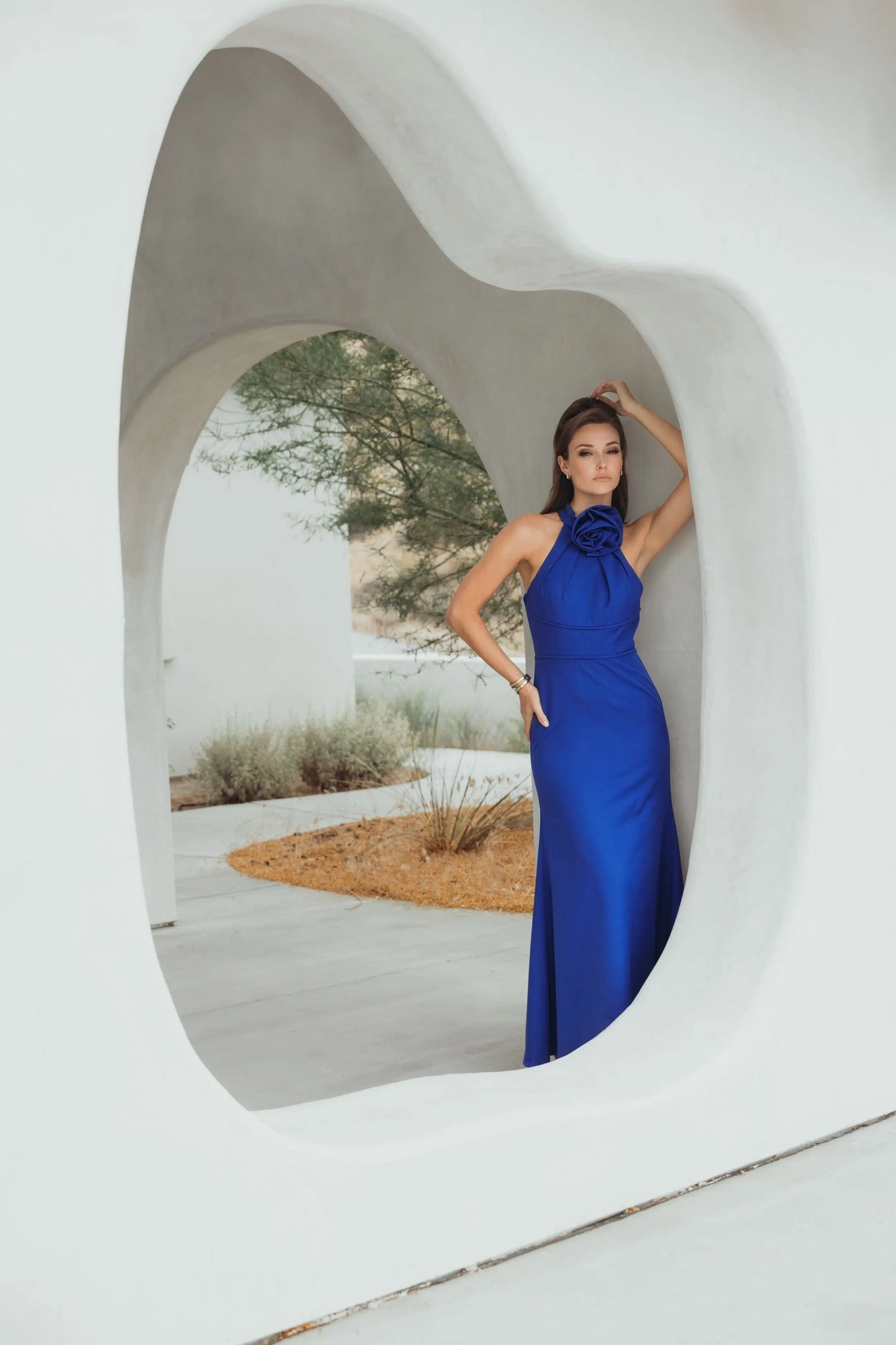 Mac Duggal Blue Sleeveless Halter Neck Gown with Rosette Detail