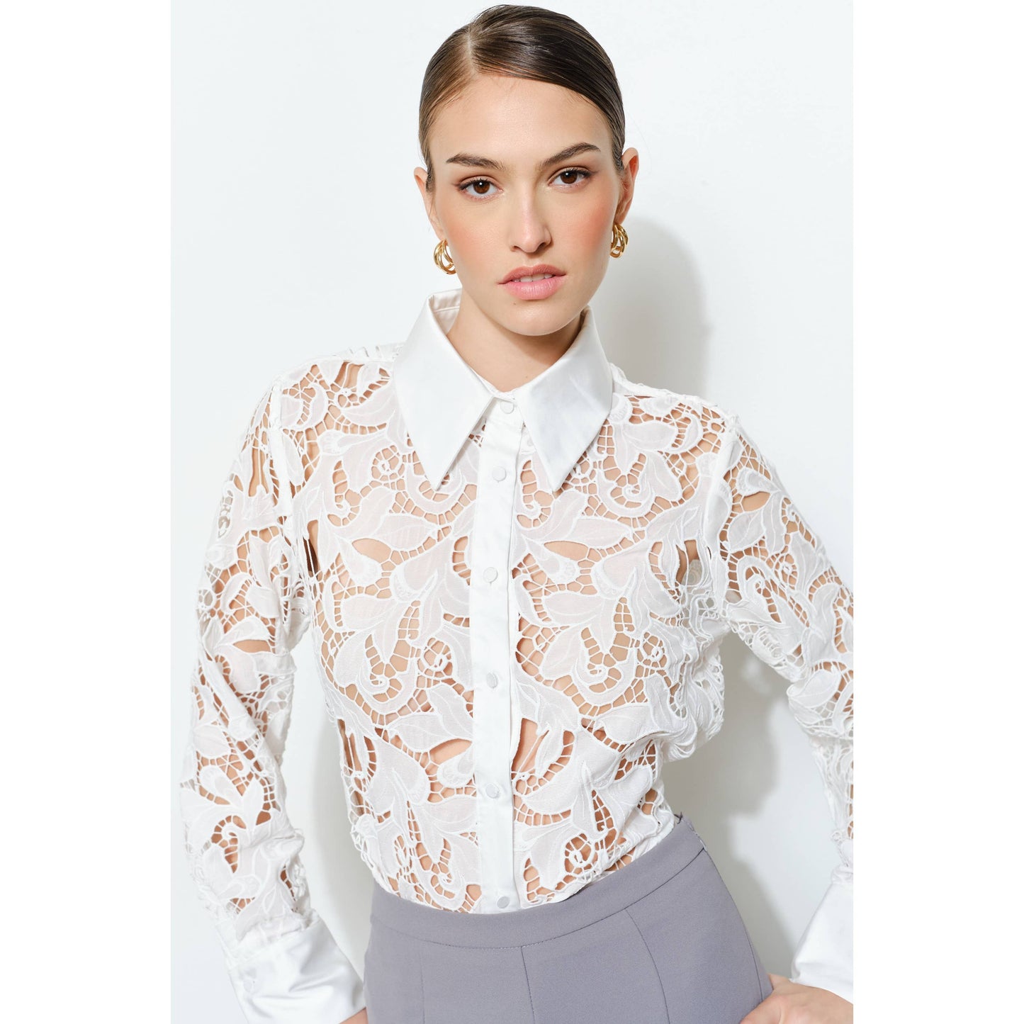 INA - Luxe Satin Contrast Collar Lace Button Down Blouse