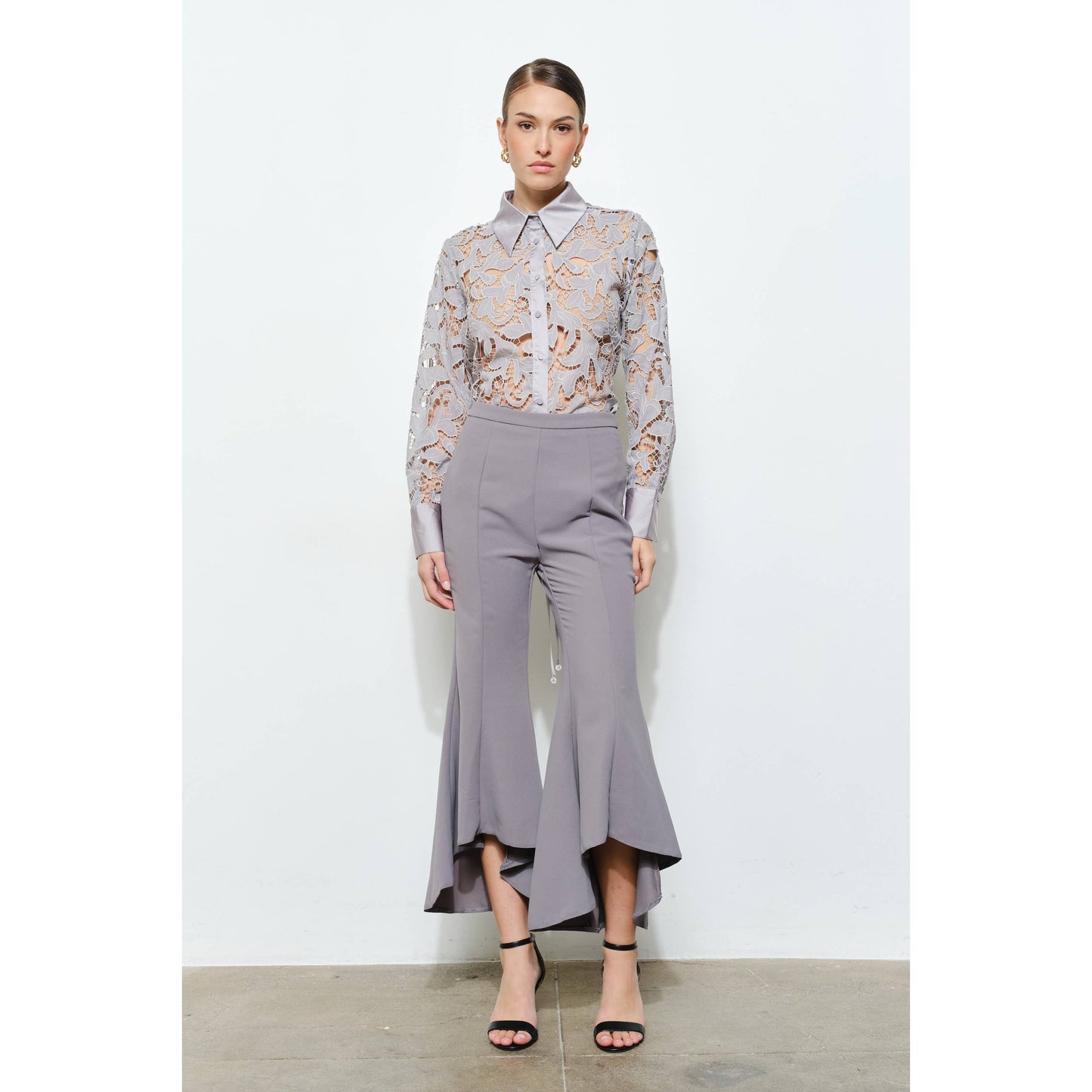 INA - Luxe Satin Contrast Collar Lace Button Down Blouse