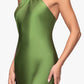 Betsy & Adam Esmerelda Satin Double Knotted Halter Neck Floor Length Dress