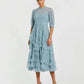 Mac Duggal Blue High Neck Ruffle Tiered A-Line Midi Dress
