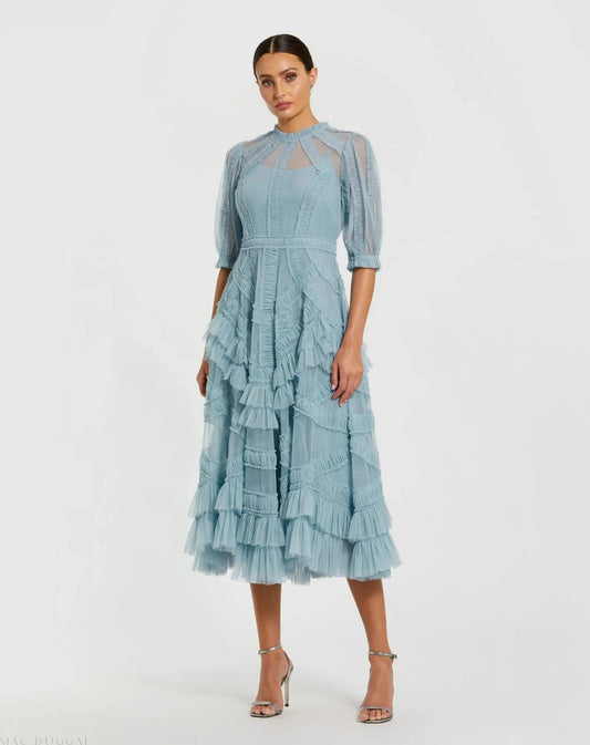 Mac Duggal Blue High Neck Ruffle Tiered A-Line Midi Dress