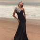 Mac Duggal Black Crepe One Shoulder Gown With Crystal Flower