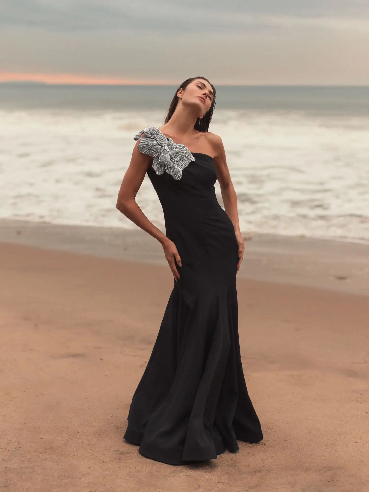 Mac Duggal Black Crepe One Shoulder Gown With Crystal Flower