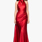 Betsy & Adam Antonia Satin Cowl Halter Neck Rouched Floor Length Dress