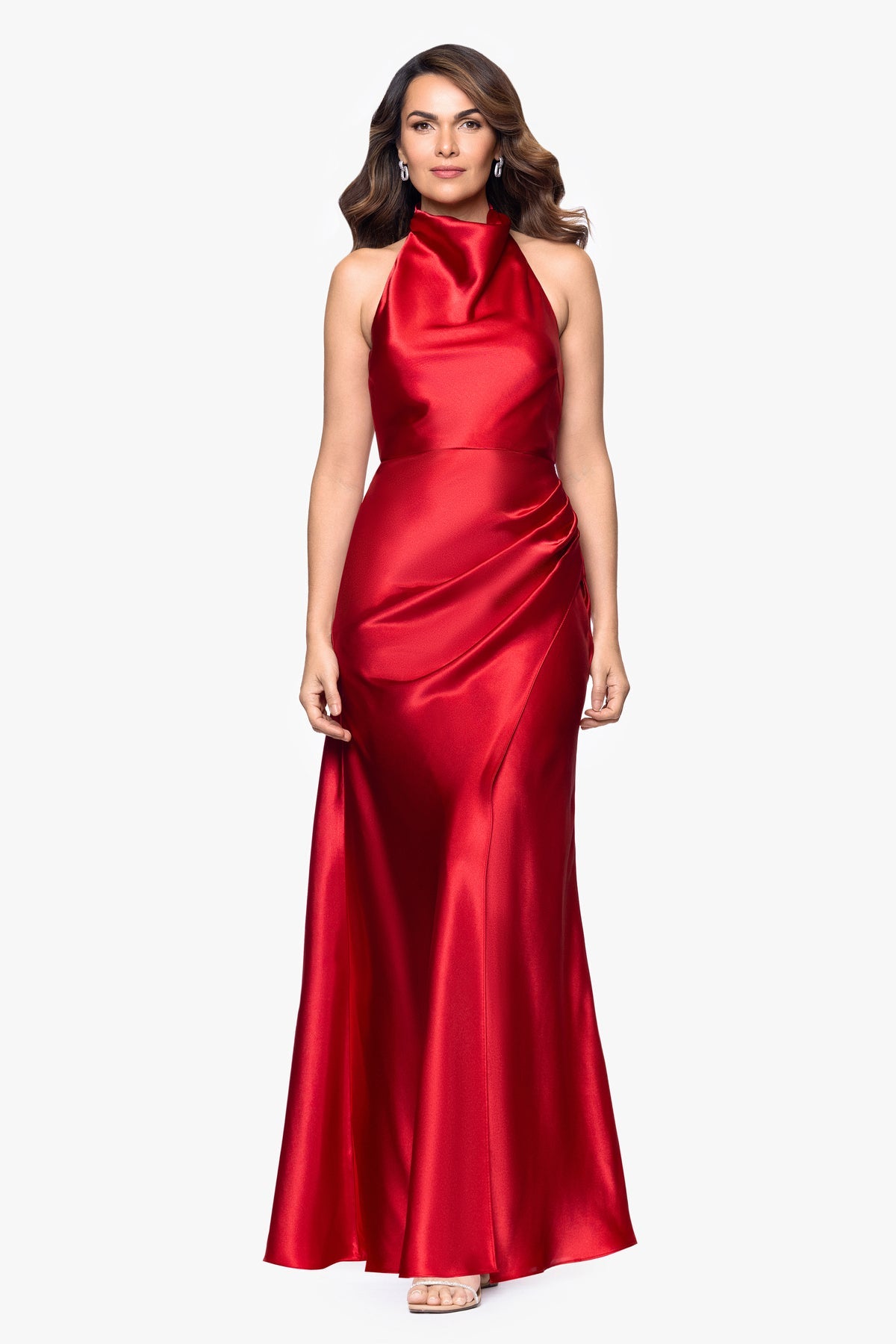 Betsy & Adam Antonia Satin Cowl Halter Neck Rouched Floor Length Dress