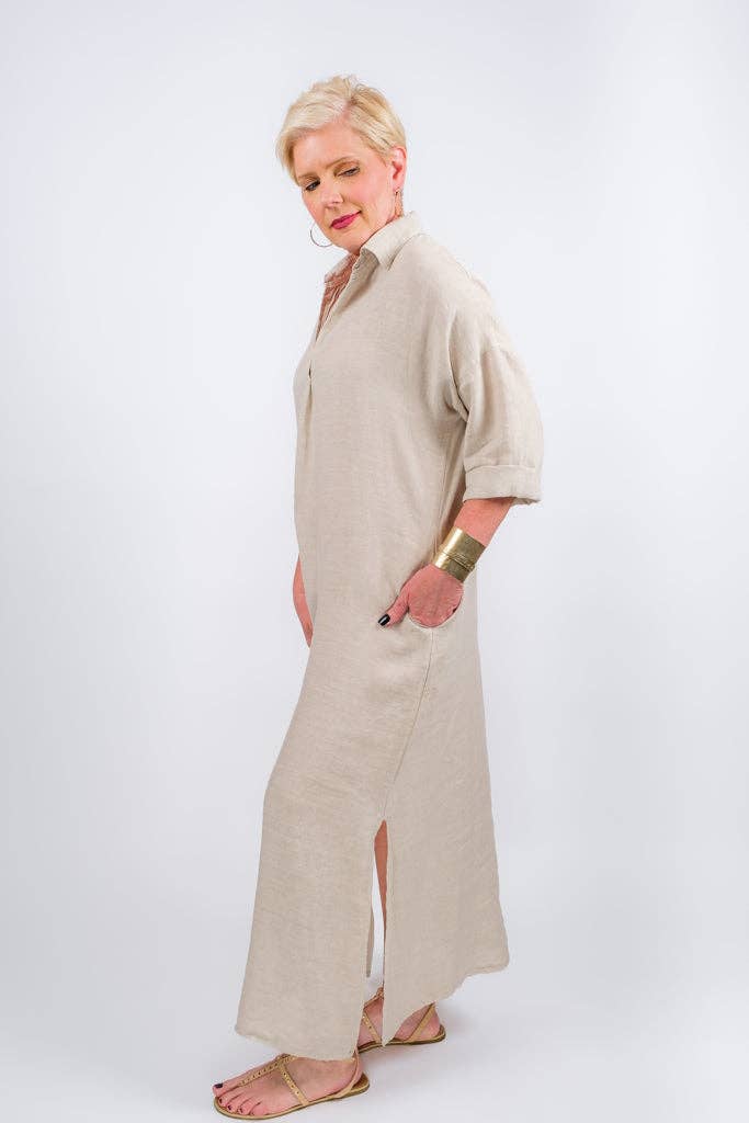 TINA Stephens Italy/Tees By Tina - Fernanda Open Collar Linen Dress (DQ107)