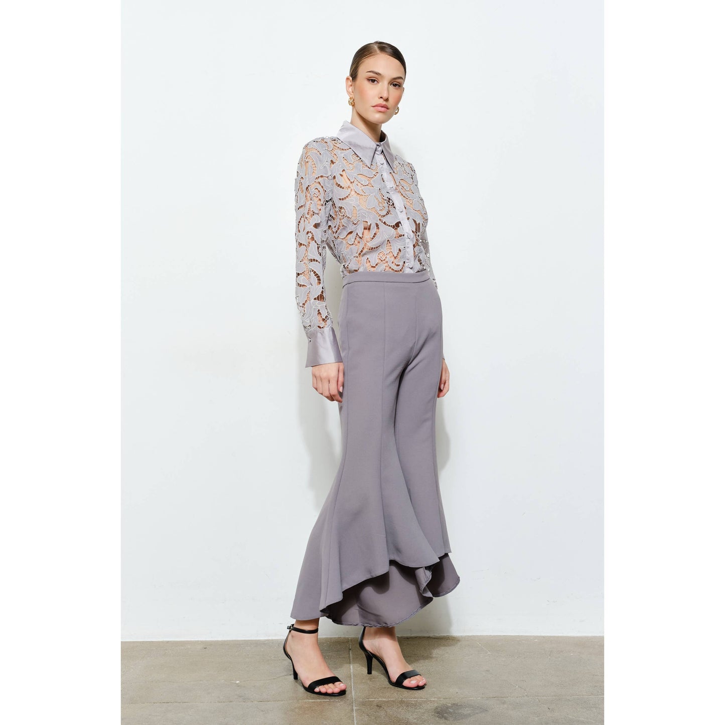 INA - Luxe Satin Contrast Collar Lace Button Down Blouse