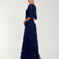 Mac Duggal Navy High Neck Embellished Lace Gown with 3/4 Sleeves