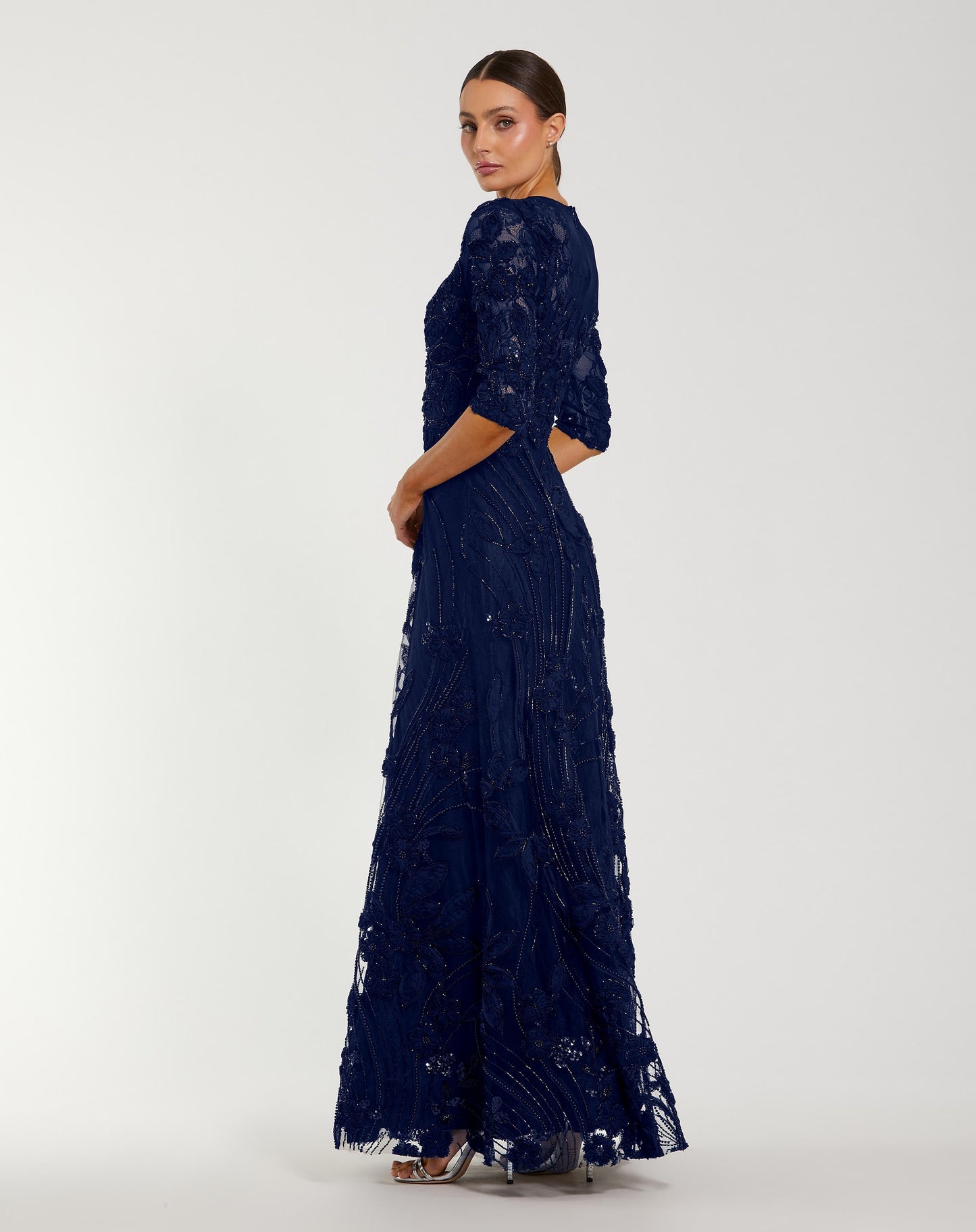 Mac Duggal Navy High Neck Embellished Lace Gown with 3/4 Sleeves