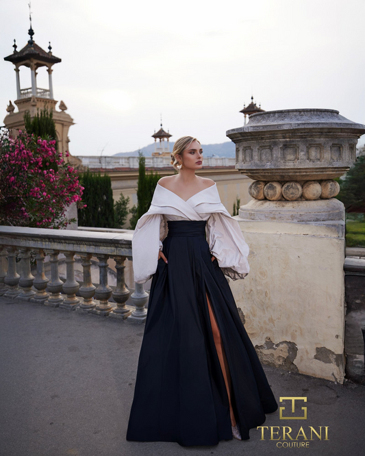 Terani Couture Off-Shoulder Tafetta Mock 2-Piece Gown With Puff Long Sleeves And Slit – 261E6720